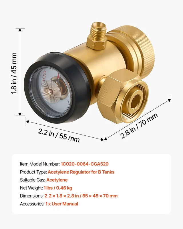 Alt view image 7 of 8 - VEVOR CGA520 Acetylene Regulator for B-Type Tanks, AR-B Air Acetylene Regulator Gauge with 3/8"-24 LH Outlet Connection, Heavy-Duty Brass Body for Welding Brazing Applications