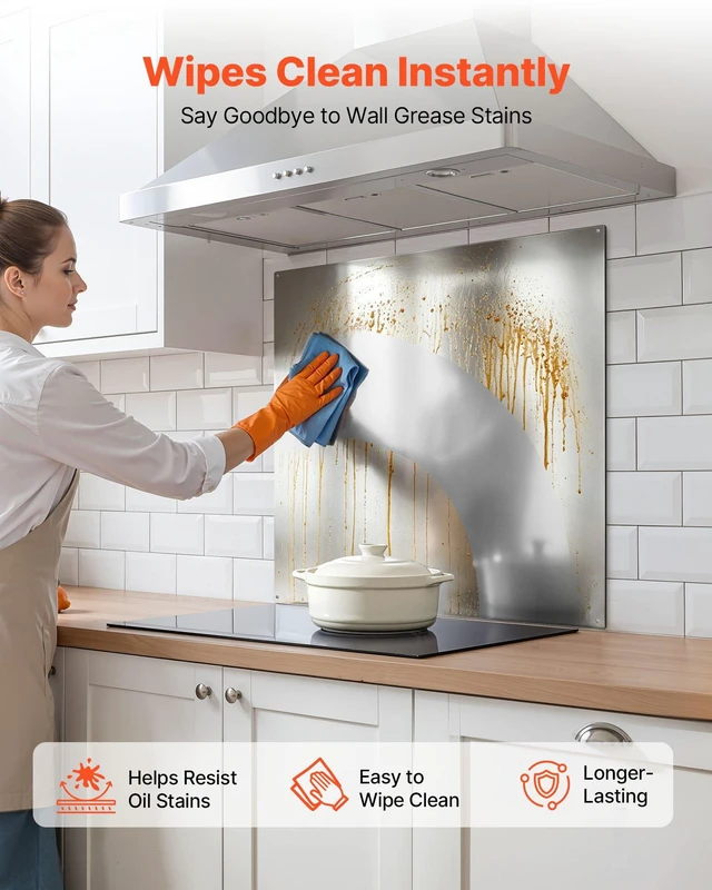 Alt view image 3 of 8 - VEVOR 30" x 30" Stainless Steel Backsplash for Stove, Ultra Flat Splatter Guard, Wall Shield Range Hood Backsplash, Easy Clean Kitchen Wall Metal Panel, Pre-Drilled Holes for Easy Installation, Silver