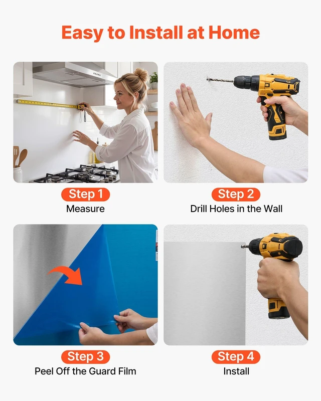 Alt view image 6 of 8 - VEVOR 30" x 30" Stainless Steel Backsplash for Stove, Ultra Flat Splatter Guard, Wall Shield Range Hood Backsplash, Easy Clean Kitchen Wall Metal Panel, Pre-Drilled Holes for Easy Installation, Silver