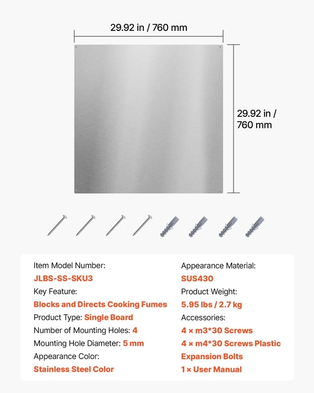 Alt view image 7 of 8 - VEVOR 30" x 30" Stainless Steel Backsplash for Stove, Ultra Flat Splatter Guard, Wall Shield Range Hood Backsplash, Easy Clean Kitchen Wall Metal Panel, Pre-Drilled Holes for Easy Installation, Silver