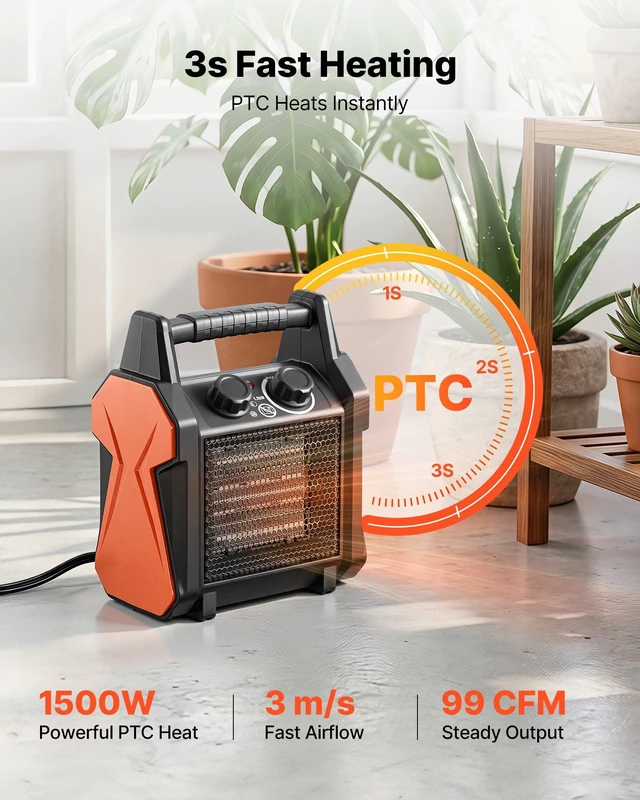 Alt view image 2 of 8 - VEVOR Greenhouse Heater, 1500W Electric PTC Space Heater with Fan, Low & High Heat Modes, Overheat Protection, Tip-Over Shut-Off, Portable for Grow Tent, Small Greenhouse, Flower Room, Home Office