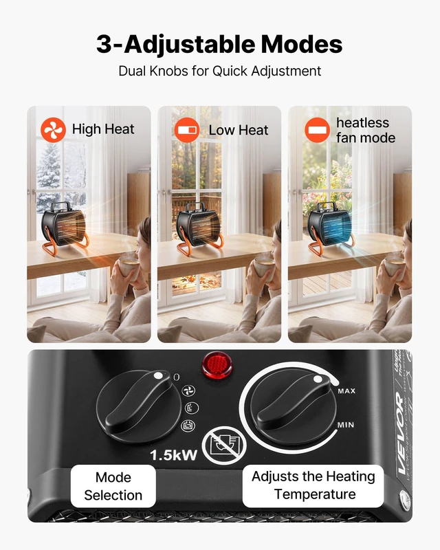 Alt view image 3 of 8 - VEVOR Greenhouse Heater, 1500W Electric PTC Space Heater with Fan, Low & High Heat Modes, 40° Adjustable Angle, Overheat Protection, Portable for Grow Tent, Small Greenhouse, Flower Room, Home Office