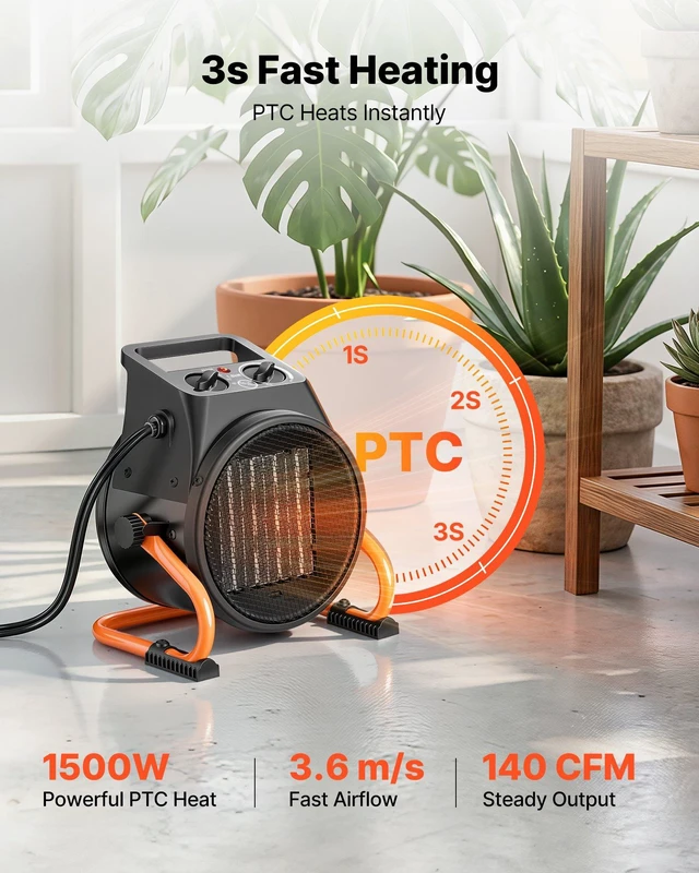Alt view image 2 of 8 - VEVOR Greenhouse Heater, 1500W Electric PTC Space Heater with Fan, Low & High Heat Modes, 15° Adjustable Angle, Overheat Protection, Portable for Grow Tent, Small Greenhouse, Flower Room, Home Office