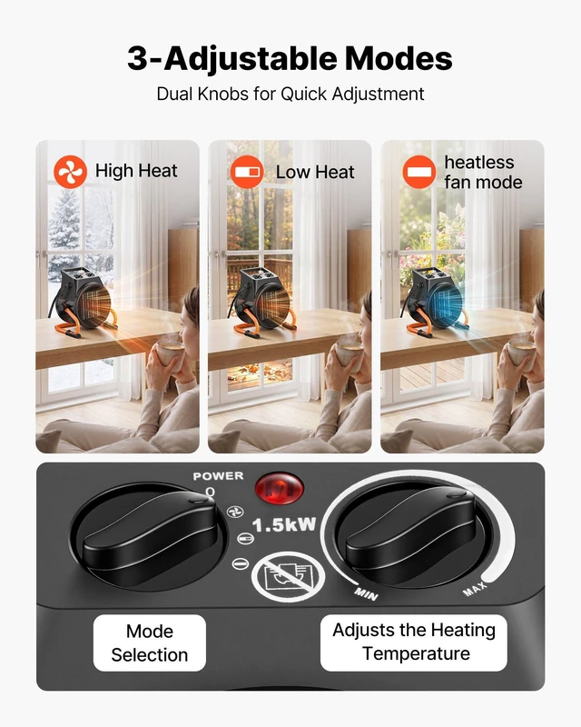 Alt view image 3 of 8 - VEVOR Greenhouse Heater, 1500W Electric PTC Space Heater with Fan, Low & High Heat Modes, 15° Adjustable Angle, Overheat Protection, Portable for Grow Tent, Small Greenhouse, Flower Room, Home Office