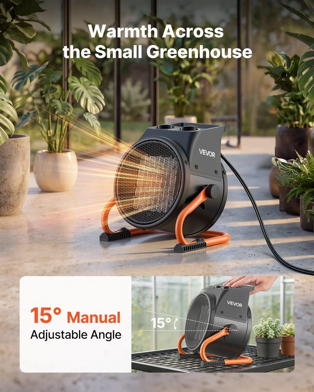 Alt view image 4 of 8 - VEVOR Greenhouse Heater, 1500W Electric PTC Space Heater with Fan, Low & High Heat Modes, 15° Adjustable Angle, Overheat Protection, Portable for Grow Tent, Small Greenhouse, Flower Room, Home Office