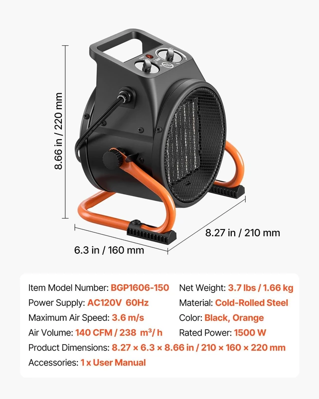 Alt view image 7 of 8 - VEVOR Greenhouse Heater, 1500W Electric PTC Space Heater with Fan, Low & High Heat Modes, 15° Adjustable Angle, Overheat Protection, Portable for Grow Tent, Small Greenhouse, Flower Room, Home Office