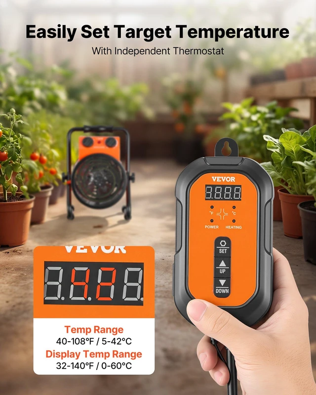 Alt view image 5 of 8 - VEVOR Greenhouse Heater, 1500W Electric Space Heater with Thermostat, Heating Tube Element, 25° Adjustable Angle, IPX4 & Overheat Protection, Great for Grow Tent, Greenhouse, Flower Room, Home Office