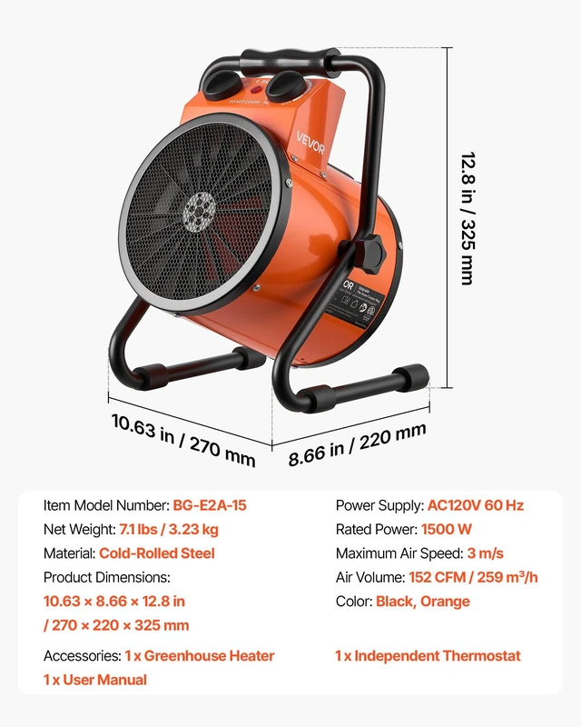 Alt view image 7 of 8 - VEVOR Greenhouse Heater, 1500W Electric Space Heater with Thermostat, Heating Tube Element, 25° Adjustable Angle, IPX4 & Overheat Protection, Great for Grow Tent, Greenhouse, Flower Room, Home Office
