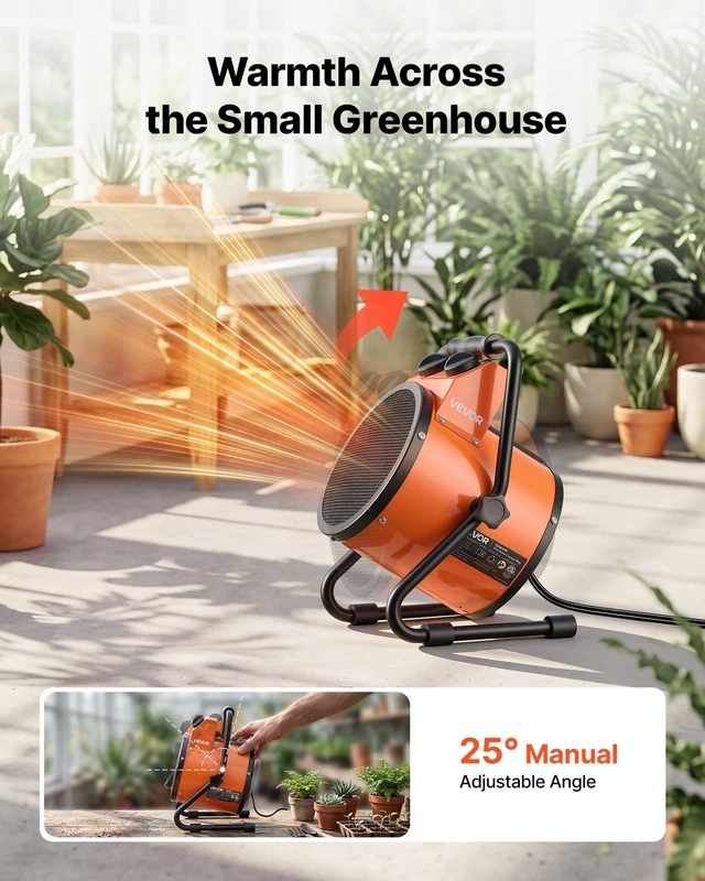 Alt view image 3 of 8 - VEVOR Greenhouse Heater, 1500W Electric Space Heater with Fan & High Heat Modes, IPX4 Protection, 25° Adjustable Angle, Overheat Protection, for Grow Tent, Small Greenhouse, Flower Room, Home Office