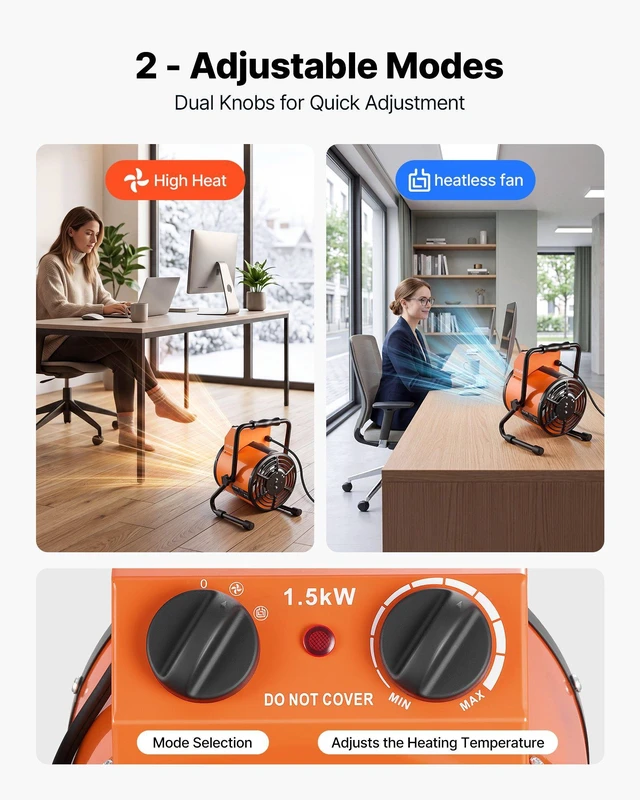 Alt view image 4 of 8 - VEVOR Greenhouse Heater, 1500W Electric Space Heater with Fan & High Heat Modes, IPX4 Protection, 25° Adjustable Angle, Overheat Protection, for Grow Tent, Small Greenhouse, Flower Room, Home Office