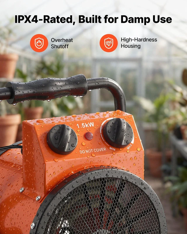 Alt view image 5 of 8 - VEVOR Greenhouse Heater, 1500W Electric Space Heater with Fan & High Heat Modes, IPX4 Protection, 25° Adjustable Angle, Overheat Protection, for Grow Tent, Small Greenhouse, Flower Room, Home Office