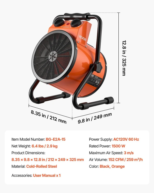 Alt view image 7 of 8 - VEVOR Greenhouse Heater, 1500W Electric Space Heater with Fan & High Heat Modes, IPX4 Protection, 25° Adjustable Angle, Overheat Protection, for Grow Tent, Small Greenhouse, Flower Room, Home Office