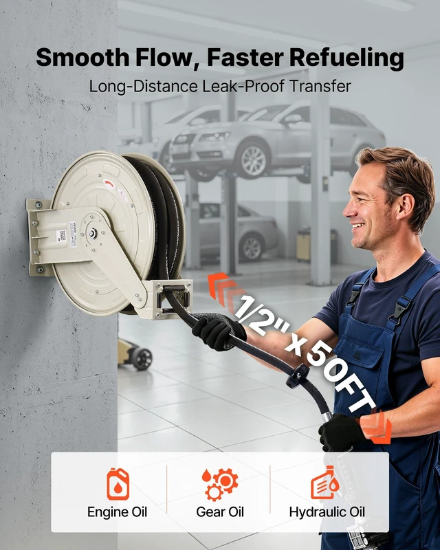 Alt view image 2 of 8 - VEVOR Oil Hose Reel, 1/2 inch x 50 ft Retractable, Spring Driven Auto Swivel Rewind, Max 3625 PSI, Heavy-Duty Carbon Steel Construction with Steel Wire Braided Hose, for Engine / Gear / Hydraulic Oil
