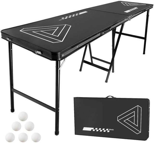 Main image of VEVOR 8 Foot Portable Beer Pong Table, Foldable 36 inch Heightened Table, Carrying Handles and 6 Pong Balls, Lightweight Tailgate Table for Office, Tailgate Party, Travel & Camping, Black