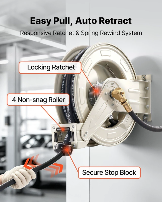 Alt view image 4 of 8 - VEVOR Oil Hose Reel, 1/2 inch x 50 ft Retractable, Spring Driven Auto Swivel Rewind, Max 3625 PSI, Heavy-Duty Carbon Steel Construction with Steel Wire Braided Hose, for Engine / Gear / Hydraulic Oil