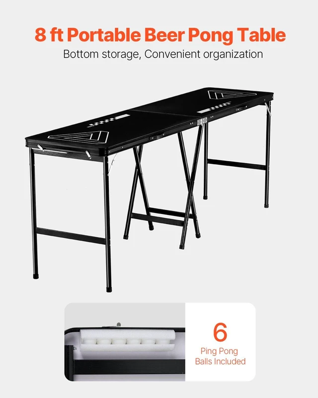 Alt view image 2 of 8 - VEVOR 8 Foot Portable Beer Pong Table, Foldable 36 inch Heightened Table, Carrying Handles and 6 Pong Balls, Lightweight Tailgate Table for Office, Tailgate Party, Travel & Camping, Black