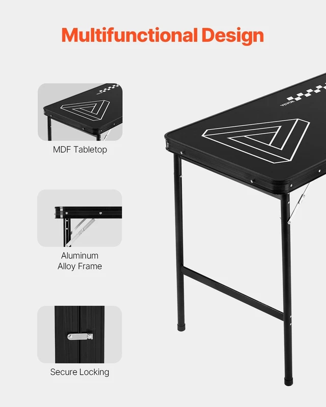 Alt view image 4 of 8 - VEVOR 8 Foot Portable Beer Pong Table, Foldable 36 inch Heightened Table, Carrying Handles and 6 Pong Balls, Lightweight Tailgate Table for Office, Tailgate Party, Travel & Camping, Black