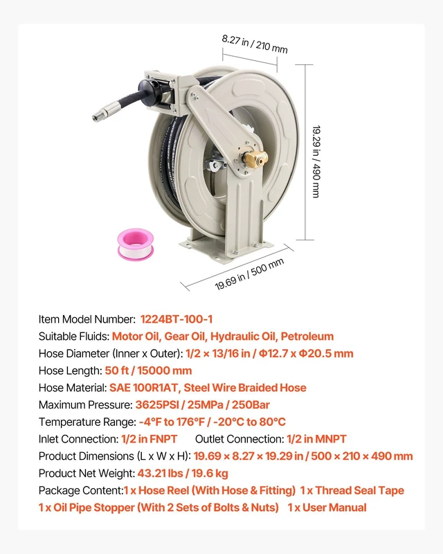Alt view image 7 of 8 - VEVOR Oil Hose Reel, 1/2 inch x 50 ft Retractable, Spring Driven Auto Swivel Rewind, Max 3625 PSI, Heavy-Duty Carbon Steel Construction with Steel Wire Braided Hose, for Engine / Gear / Hydraulic Oil