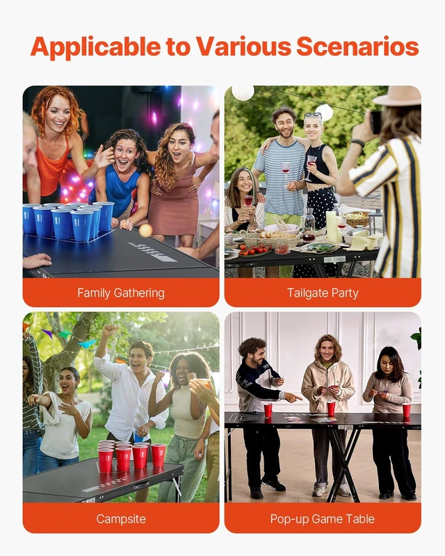 Alt view image 6 of 8 - VEVOR 8 Foot Portable Beer Pong Table, Foldable 36 inch Heightened Table, Carrying Handles and 6 Pong Balls, Lightweight Tailgate Table for Office, Tailgate Party, Travel & Camping, Black
