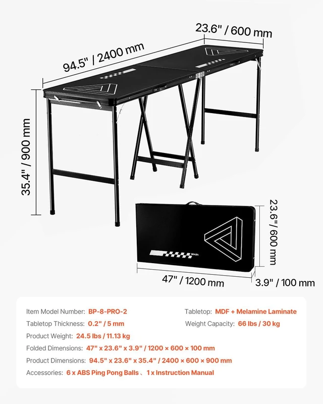 Alt view image 7 of 8 - VEVOR 8 Foot Portable Beer Pong Table, Foldable 36 inch Heightened Table, Carrying Handles and 6 Pong Balls, Lightweight Tailgate Table for Office, Tailgate Party, Travel & Camping, Black