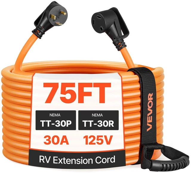 Main image of VEVOR 30 Amp 75 Feet RV Extension Cord, 125V 2500W, Heavy Duty 10/3 Gauge STW RV Power Cord, NEMA TT-30P to NEMA TT-30R, with Power Indicator, Cord Organizer, 15A Adapter, for Camper Travel Trailer
