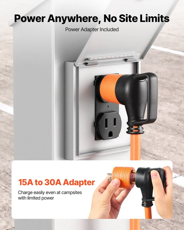 Alt view image 4 of 8 - VEVOR 30 Amp 75 Feet RV Extension Cord, 125V 2500W, Heavy Duty 10/3 Gauge STW RV Power Cord, NEMA TT-30P to NEMA TT-30R, with Power Indicator, Cord Organizer, 15A Adapter, for Camper Travel Trailer