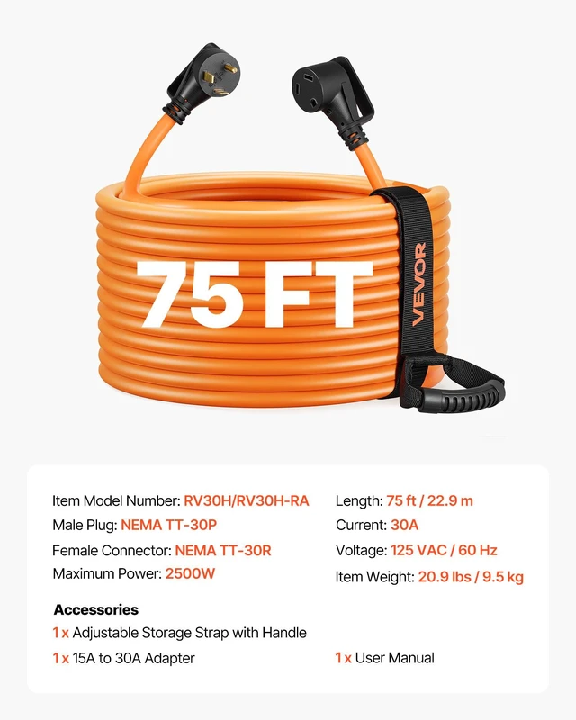 Alt view image 7 of 8 - VEVOR 30 Amp 75 Feet RV Extension Cord, 125V 2500W, Heavy Duty 10/3 Gauge STW RV Power Cord, NEMA TT-30P to NEMA TT-30R, with Power Indicator, Cord Organizer, 15A Adapter, for Camper Travel Trailer