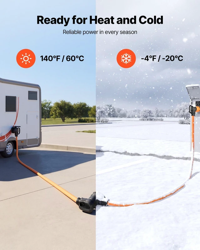 Alt view image 5 of 8 - VEVOR 50 Amp 100 Feet RV Extension Cord, 125V/250V, Heavy Duty 6/3 + 8/1 Gauge STW RV Power Cord, NEMA 14-50P to NEMA 14-50R, with Power Indicator, Cord Organizer, 15A Adapter, for Camper Trailer
