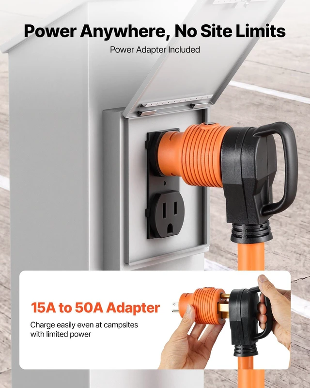 Alt view image 4 of 8 - VEVOR 50 Amp 100 Feet RV Extension Cord, 125V/250V, Heavy Duty 6/3 + 8/1 Gauge STW RV Power Cord, NEMA 14-50P to NEMA 14-50R, with Power Indicator, Cord Organizer, 15A Adapter, for Camper Trailer