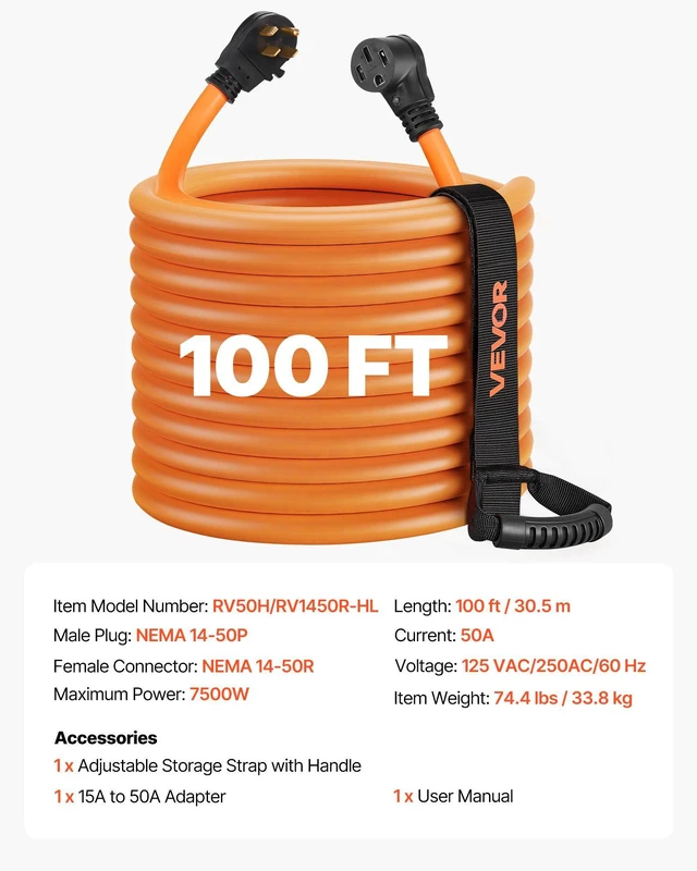 Alt view image 7 of 8 - VEVOR 50 Amp 100 Feet RV Extension Cord, 125V/250V, Heavy Duty 6/3 + 8/1 Gauge STW RV Power Cord, NEMA 14-50P to NEMA 14-50R, with Power Indicator, Cord Organizer, 15A Adapter, for Camper Trailer