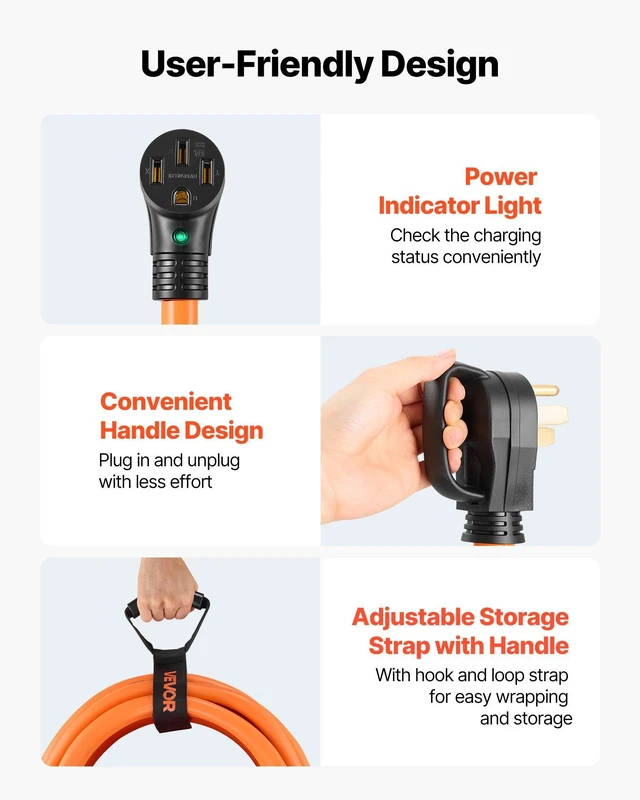 Alt view image 6 of 8 - VEVOR 50 Amp 100 Feet RV Extension Cord, 125V/250V, Heavy Duty 6/3 + 8/1 Gauge STW RV Power Cord, NEMA 14-50P to NEMA 14-50R, with Power Indicator, Cord Organizer, 15A Adapter, for Camper Trailer