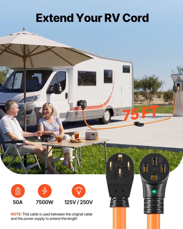 Alt view image 2 of 8 - VEVOR 50 Amp 75 Feet RV Extension Cord, 125V/250V 7500W, Heavy Duty 6/3 + 8/1 Gauge STW RV Power Cord, NEMA 14-50P to NEMA 14-50R, with Power Indicator, Cord Organizer, 15A Adapter, for Camper Trailer