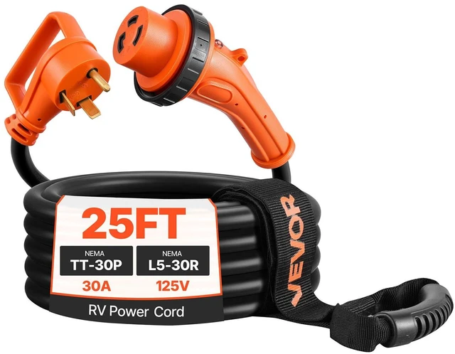 Main image of VEVOR 30 Amp 25 Feet RV Power Cord, 125V 3750W, Heavy Duty 10/3 Gauge STW Generator Cord, NEMA TT-30P to NEMA L5-30R, with Twist Lock, Indicator Light, Grip Handle, 15A Adapter, for RV Trailer, Black