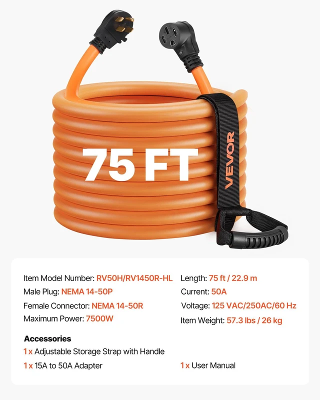 Alt view image 7 of 8 - VEVOR 50 Amp 75 Feet RV Extension Cord, 125V/250V 7500W, Heavy Duty 6/3 + 8/1 Gauge STW RV Power Cord, NEMA 14-50P to NEMA 14-50R, with Power Indicator, Cord Organizer, 15A Adapter, for Camper Trailer