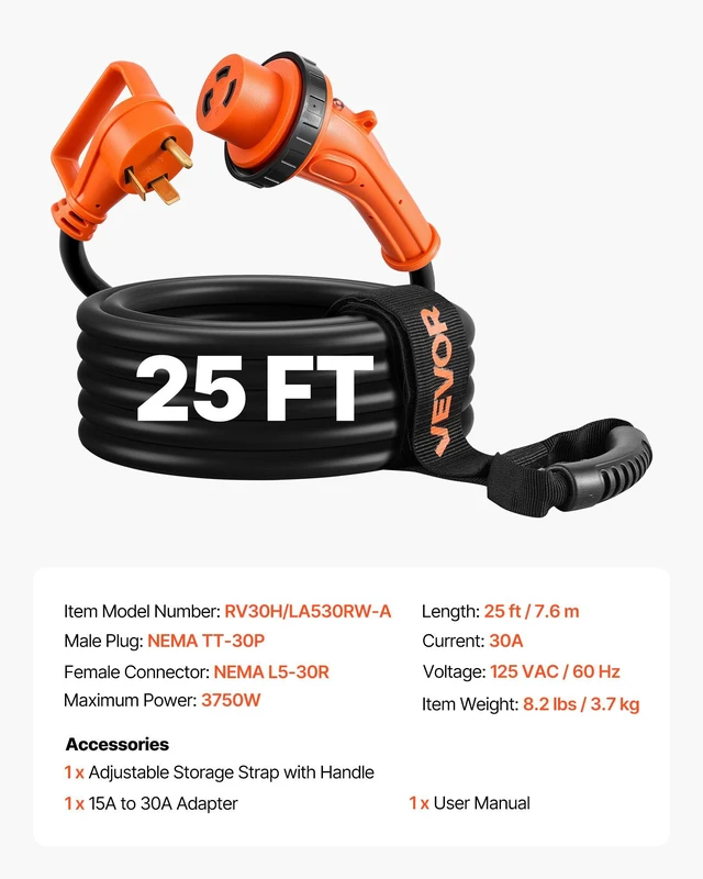 Alt view image 7 of 8 - VEVOR 30 Amp 25 Feet RV Power Cord, 125V 3750W, Heavy Duty 10/3 Gauge STW Generator Cord, NEMA TT-30P to NEMA L5-30R, with Twist Lock, Indicator Light, Grip Handle, 15A Adapter, for RV Trailer, Black