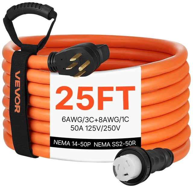 Main image of VEVOR 50 Amp Generator Cord, 25 Feet, 125/250V RV Power Cord NEMA 14-50P to SS2-50R with Twist Lock, Grip Handle, Heavy Duty 6AWG/3 + 8AWG/1 Generator Cable, for RV Camper Generator to House, Orange