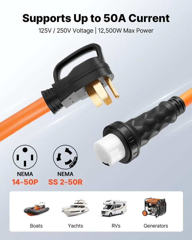 Alt view image 2 of 8 - VEVOR 50 Amp Generator Cord, 25 Feet, 125/250V RV Power Cord NEMA 14-50P to SS2-50R with Twist Lock, Grip Handle, Heavy Duty 6AWG/3 + 8AWG/1 Generator Cable, for RV Camper Generator to House, Orange