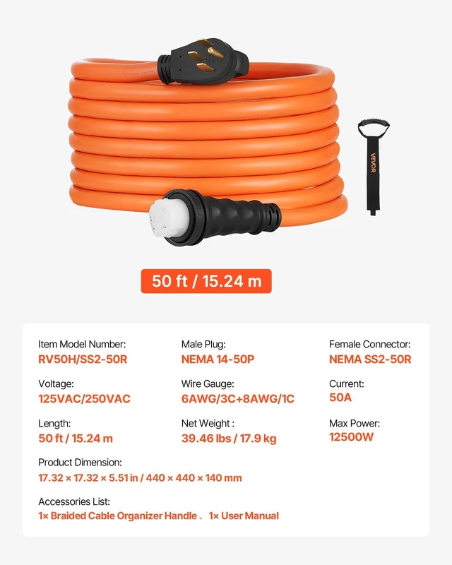 Alt view image 7 of 8 - VEVOR 50 Amp Generator Cord, 50 Feet, 125/250V RV Power Cord NEMA 14-50P to SS2-50R with Twist Lock, Grip Handle, Heavy Duty 6AWG/3 + 8AWG/1 Generator Cable, for RV Camper Generator to House, Orange