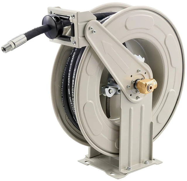 Main image of VEVOR Oil Hose Reel, 1/2 inch x 50 ft Retractable, Spring Driven Auto Swivel Rewind, Max 3625 PSI, Heavy-Duty Carbon Steel Construction with Steel Wire Braided Hose, for Engine / Gear / Hydraulic Oil