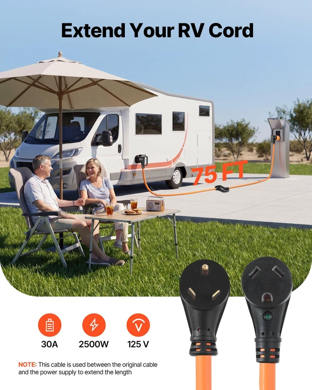 Alt view image 2 of 8 - VEVOR 30 Amp 75 Feet RV Extension Cord, 125V 2500W, Heavy Duty 10/3 Gauge STW RV Power Cord, NEMA TT-30P to NEMA TT-30R, with Power Indicator, Cord Organizer, 15A Adapter, for Camper Travel Trailer