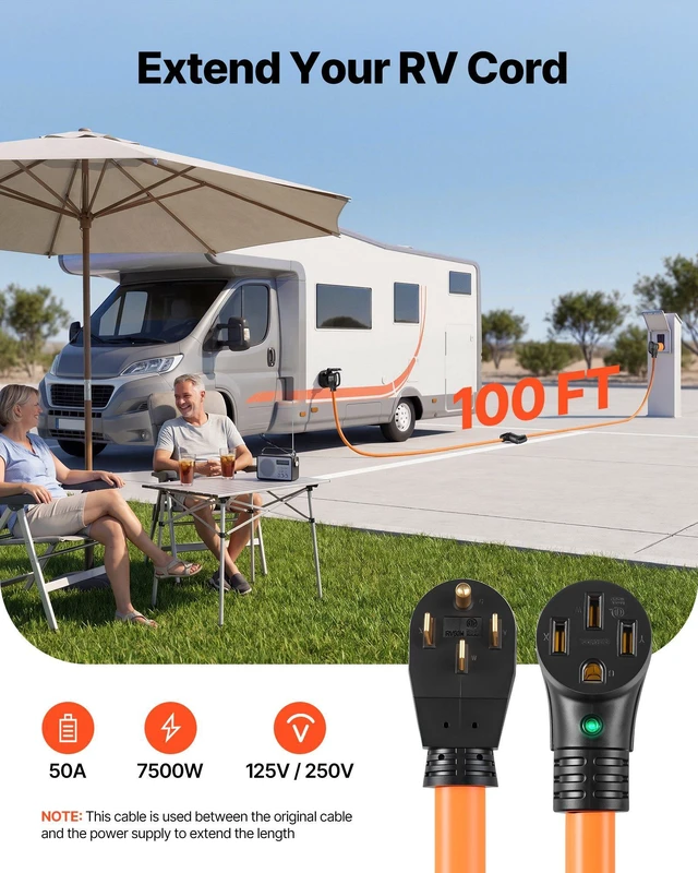 Alt view image 2 of 8 - VEVOR 50 Amp 100 Feet RV Extension Cord, 125V/250V, Heavy Duty 6/3 + 8/1 Gauge STW RV Power Cord, NEMA 14-50P to NEMA 14-50R, with Power Indicator, Cord Organizer, 15A Adapter, for Camper Trailer