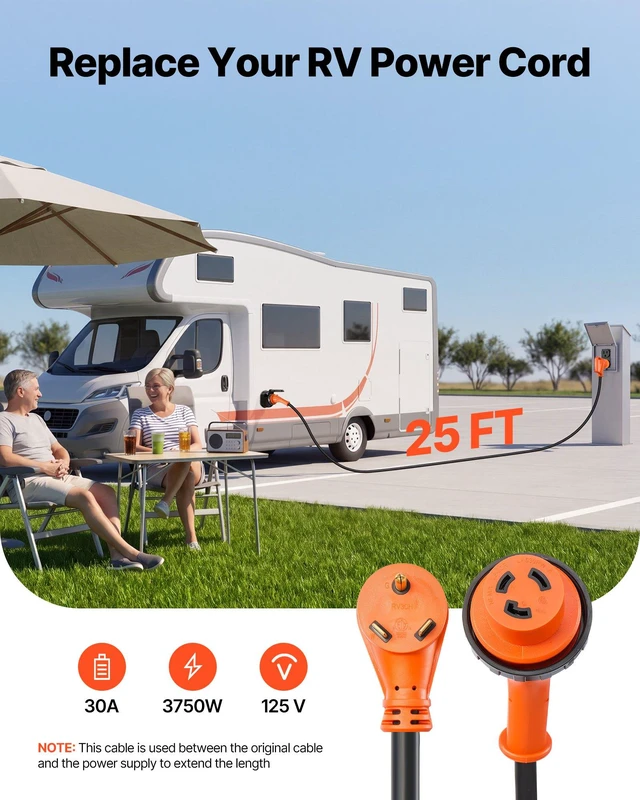 Alt view image 2 of 8 - VEVOR 30 Amp 25 Feet RV Power Cord, 125V 3750W, Heavy Duty 10/3 Gauge STW Generator Cord, NEMA TT-30P to NEMA L5-30R, with Twist Lock, Indicator Light, Grip Handle, 15A Adapter, for RV Trailer, Black