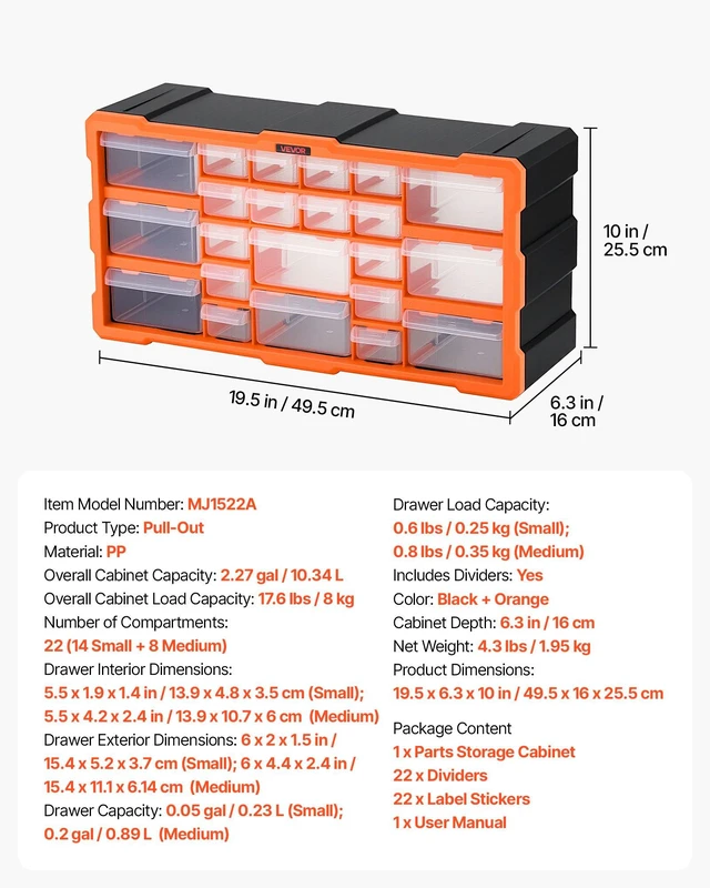 Alt view image 7 of 8 - VEVOR 22-Drawer Storage Organizer, Plastic, Drawer Storage Cabinet for Garage Organization, Stackable Small Parts Organizer, Wall-Mounted Toolbox, for Hardware, Beads, Screws, Crafts, Building Bricks