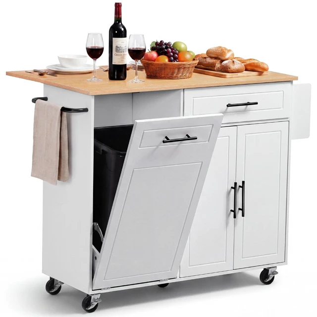 Main image of VEVOR Kitchen Island Cart with Storage, 46.06 in Wide Mobile Rolling Storage Island on Swivel Wheels, with Drawer, Storage Cabinet, Drop Leaf, Spice/Towel Rack, Table for Home Dining Room, White