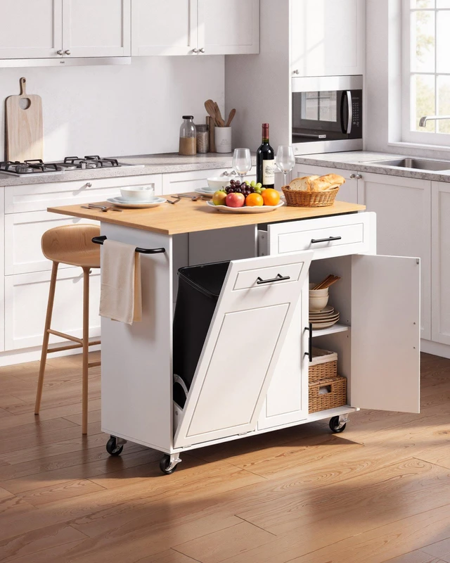 Alt view image 2 of 8 - VEVOR Kitchen Island Cart with Storage, 46.06 in Wide Mobile Rolling Storage Island on Swivel Wheels, with Drawer, Storage Cabinet, Drop Leaf, Spice/Towel Rack, Table for Home Dining Room, White