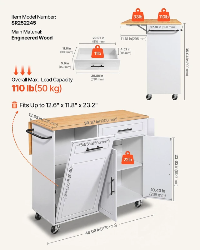 Alt view image 3 of 8 - VEVOR Kitchen Island Cart with Storage, 46.06 in Wide Mobile Rolling Storage Island on Swivel Wheels, with Drawer, Storage Cabinet, Drop Leaf, Spice/Towel Rack, Table for Home Dining Room, White