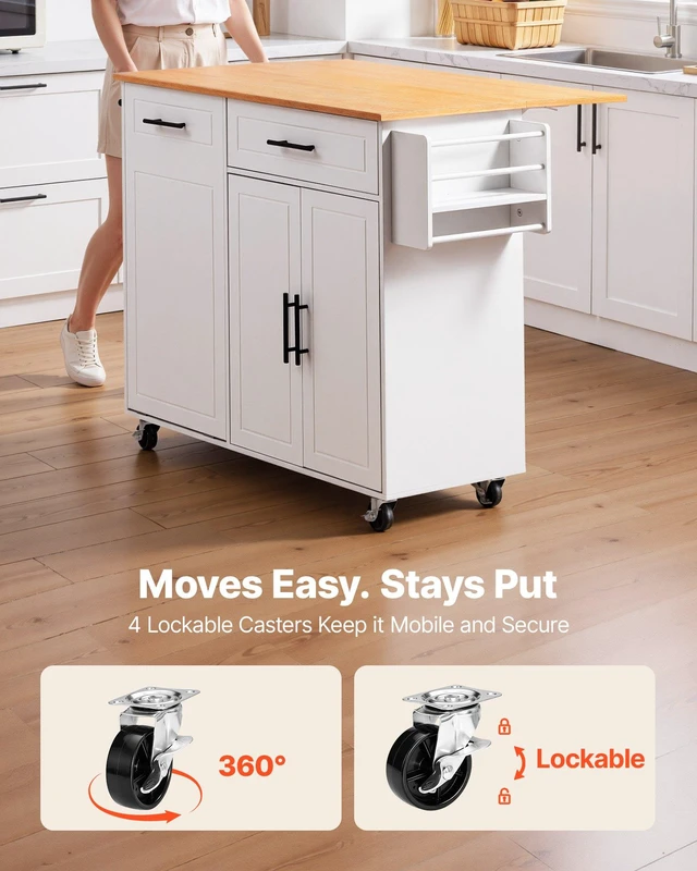 Alt view image 6 of 8 - VEVOR Kitchen Island Cart with Storage, 46.06 in Wide Mobile Rolling Storage Island on Swivel Wheels, with Drawer, Storage Cabinet, Drop Leaf, Spice/Towel Rack, Table for Home Dining Room, White