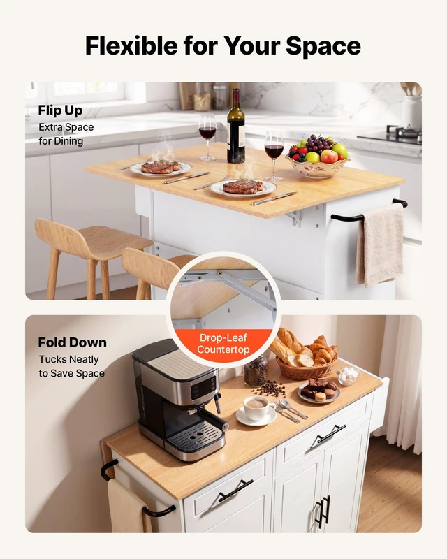 Alt view image 4 of 8 - VEVOR Kitchen Island Cart with Storage, 46.06 in Wide Mobile Rolling Storage Island on Swivel Wheels, with Drawer, Storage Cabinet, Drop Leaf, Spice/Towel Rack, Table for Home Dining Room, White