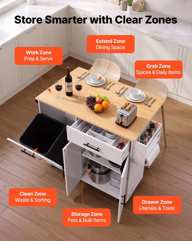 Alt view image 5 of 8 - VEVOR Kitchen Island Cart with Storage, 46.06 in Wide Mobile Rolling Storage Island on Swivel Wheels, with Drawer, Storage Cabinet, Drop Leaf, Spice/Towel Rack, Table for Home Dining Room, White