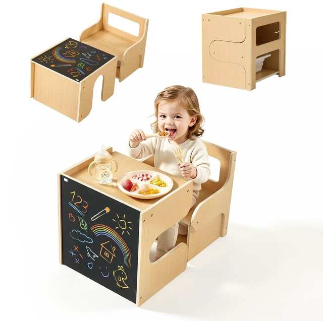 Main image of VEVOR Montessori Weaning Table and Chair Set, Wooden, Kids Table and Chair Set for Toddlers 1-5, Step Stool with Blackboard and Storage Space, Easy to Clean, for Eating, Drawing, Reading, Playing
